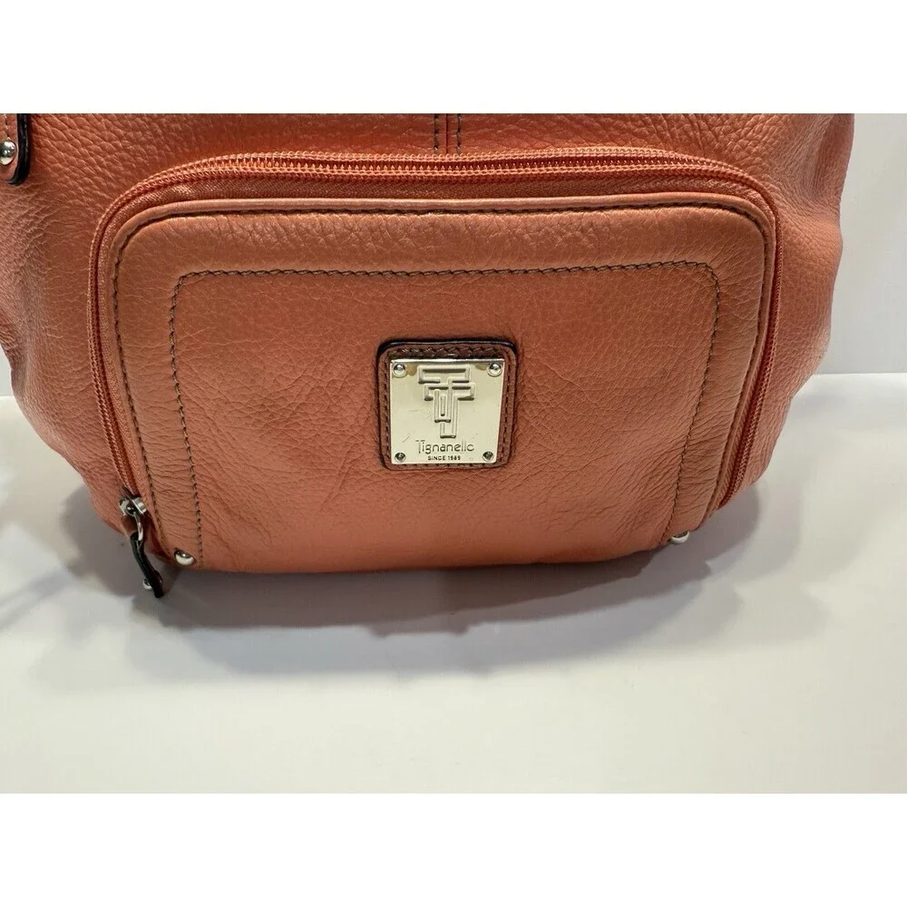 Tignanello Womens Hobo Orange Leather Shoulder Handbag Satchel Purse Pockets